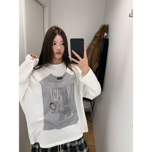 牙套大汪【佛罗世界】抓绒同L*C趣味3D印花圆领宽松白色长袖T恤