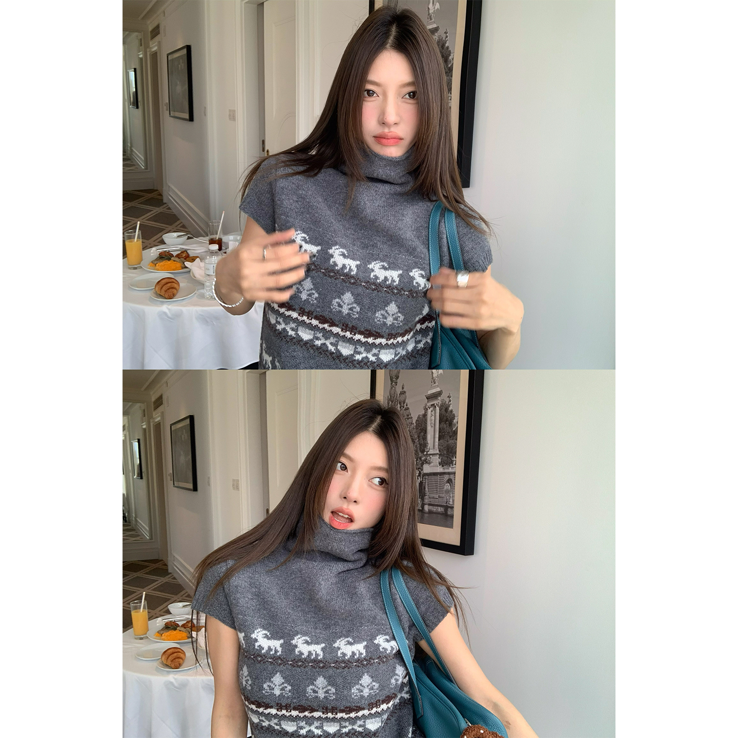 牙套大汪【初恋尔岛】费尔岛提花高领羊毛针织衫女秋冬短袖上衣