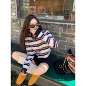 可爱修狗 条纹针织衫 春季 牙套大汪 打底衫 长袖 圆领miu系开衫 女