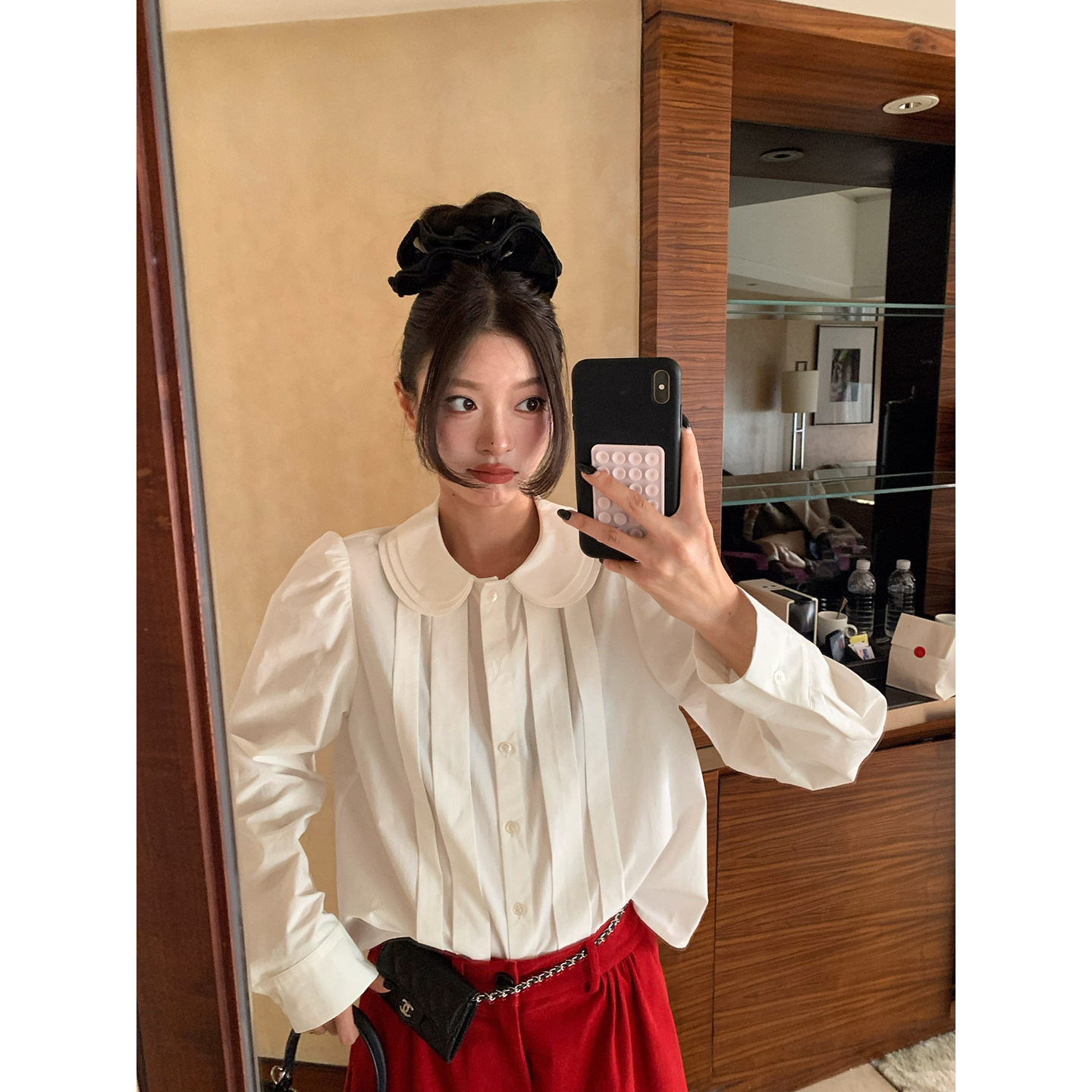 牙套大汪【双轨女孩】宽门襟压褶娃娃领白色学院风棉衬衫