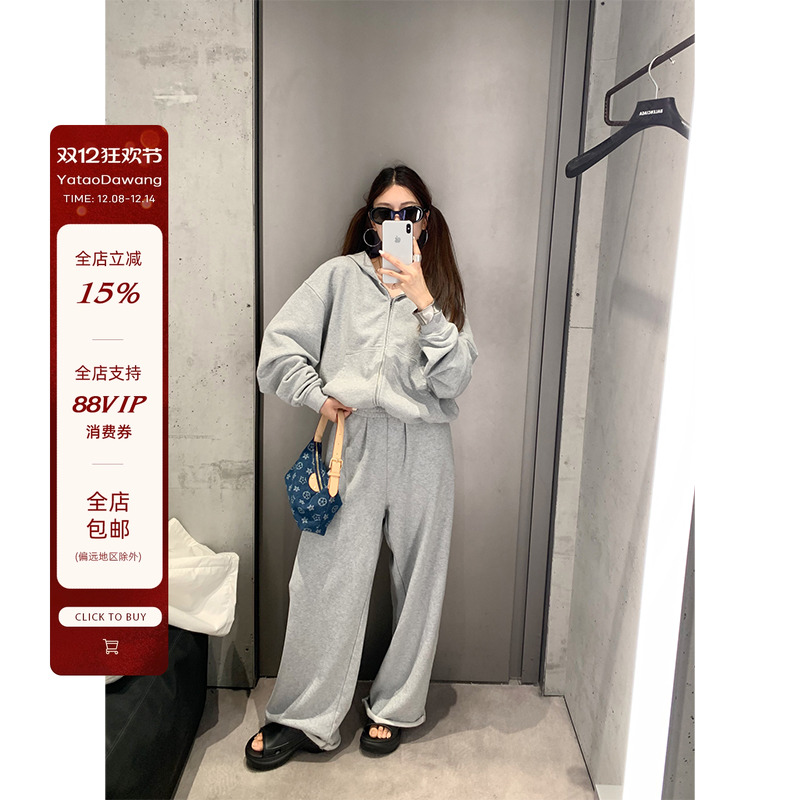 牙套大汪【5G休闲】街头机能风连帽卫衣直筒宽松卫裤两件套套装