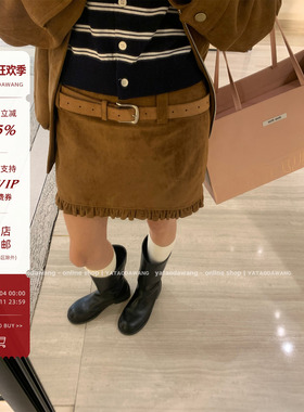 牙套大汪【巨星nini】麂皮皮裙花边半身裙女百搭高腰半裙