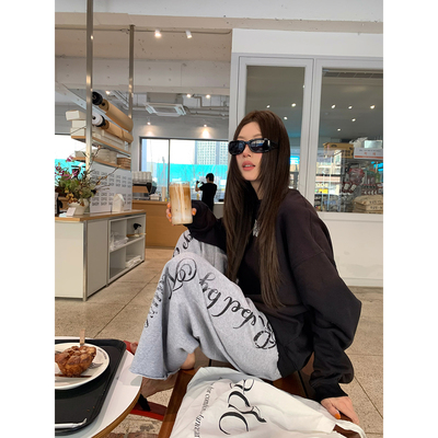 牙套大汪【个人SOLO】抽绳低腰美式做旧印花卷边卫裤