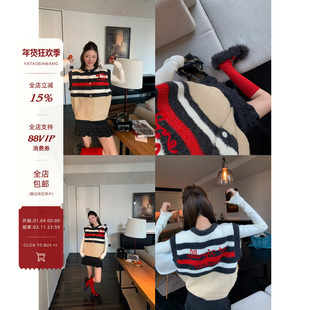 牙套大汪含羊毛撞色拼接拼接毛衣针织衫条纹背心马甲女