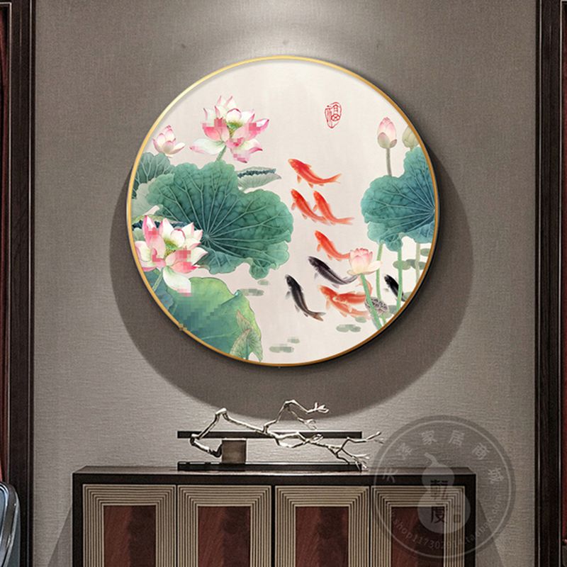 新中式莲花荷花九鱼图圆形画9尾鲤鱼入户玄关装饰画客厅晶瓷挂画图片