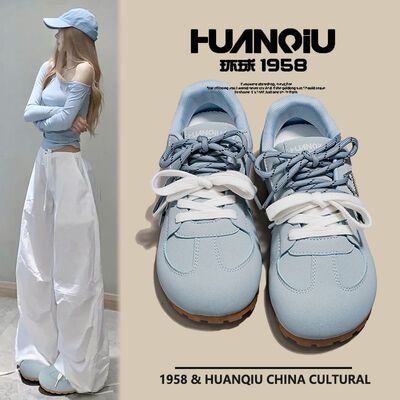 环球德训鞋女2025新款夏季软底不累脚百搭休闲运动蓝色泡芙鞋子女