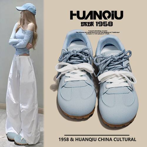 环球德训鞋女2025新款夏季软底不累脚百搭休闲运动蓝色泡芙鞋子女