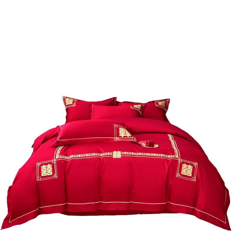 TMV婚庆四件套床亲肤水洗棉磨毛刺绣四大婚结被套床红单床包笠套