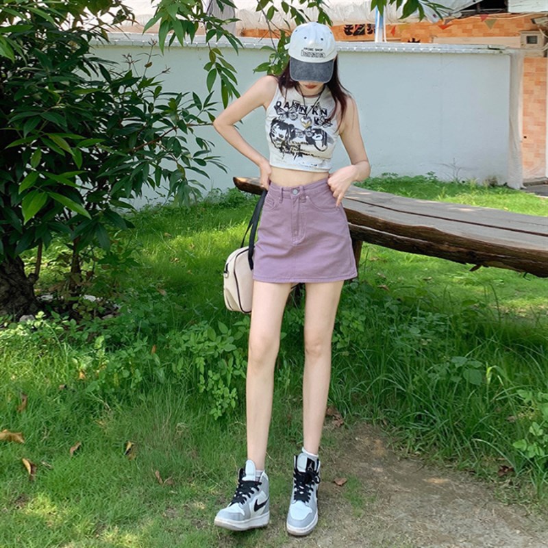 现货牛油果绿美式复古牛仔短裙夏小个子防走光高腰a字半身裙裤
