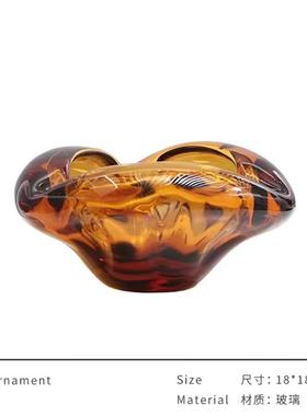 新中式不规则豹纹新棕色琉璃摆果盘烟灰缸客玄餐厅桌面厅装关FPF