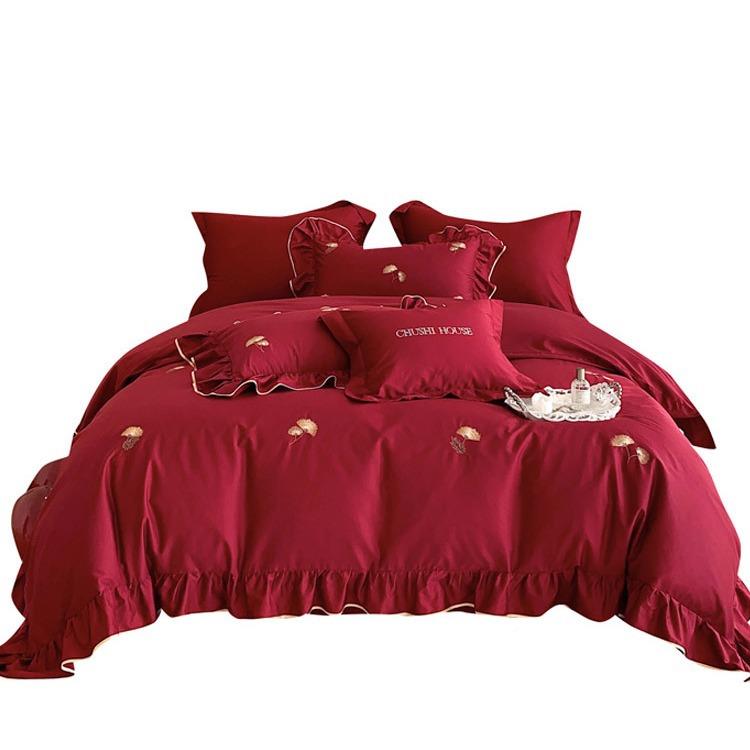 法式婚庆红100绣S澳棉纯棉四件套花卉刺全色C19棉被套床上用品床