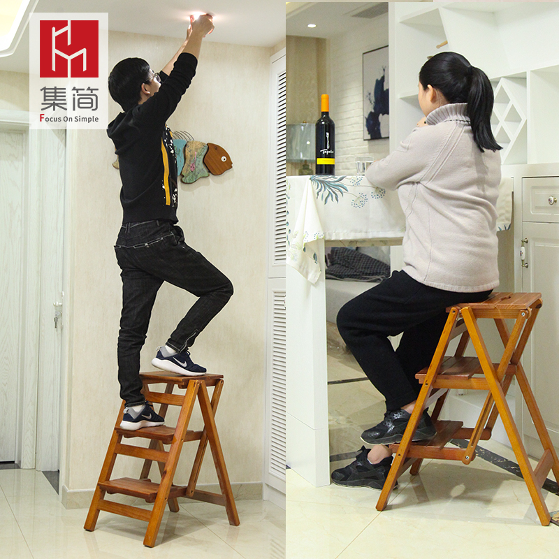 实木家用多功能折叠梯子三步梯椅梯凳室内登高梯木梯子置物架