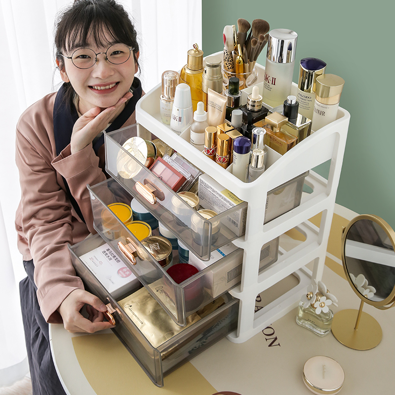 化妆品收纳盒抽屉式梳妆台置物架家用桌面护肤柜储物箱多层架子