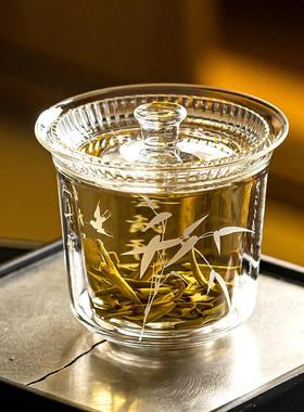 竹茶诗透明双层玻璃知青盖茶碗影加夫VLQ厚耐热不烫手泡碗家用功