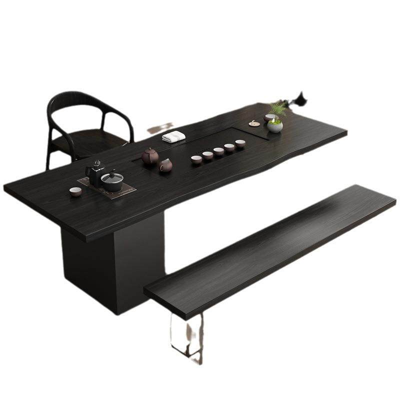 侘寂风实木茶桌现代家用客厅办公简约茶桌茶盘一体碳化黑茶桌组合