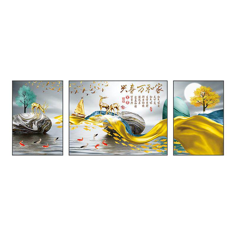 客厅装饰画沙发背景墙挂画新中式家和富贵轻奢大气三联画镶钻壁画