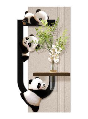 奶油风熊猫玄关装饰画水培绿植走廊过道挂画黑白灰入户砂岩壁画
