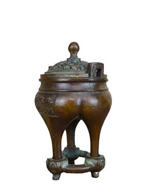 古玩杂项古董旧货老铜三足双耳炉摆件包浆醇厚老铜器老物件收藏