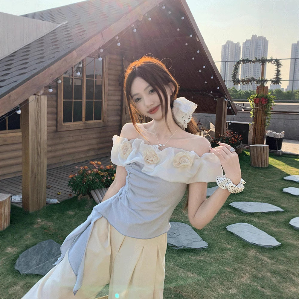 立体花朵一字领衬衫女夏季设计感毛针织衫