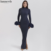 修身 秋冬款 午夜蓝荷叶袖 House 后开叉超长连衣裙Fabienne