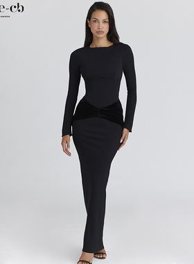 House of CB奢华优雅黑色长袖超长连衣裙Athena