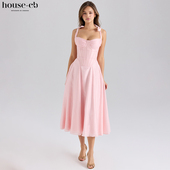 House CB轻盈飘逸粉色雪纺系带束腰中长连衣裙Leia