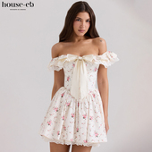 House CB精致甜美印花弹力棉露肩紧身胸衣迷你连衣裙Jaide