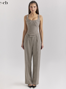 House of CB简约精致棕色小格子阔腿高腰裤Hayden