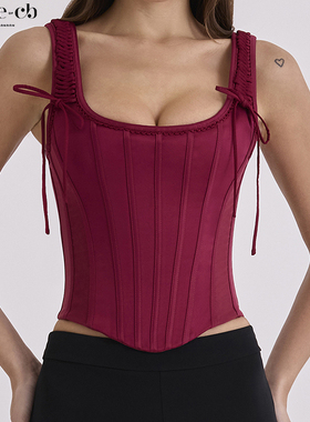 House of CB华丽浪漫酒红色缎面束腰上衣Iman