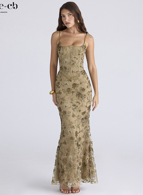 House of CB高贵优雅古铜色手工珠绣束腰超长连衣裙Naima