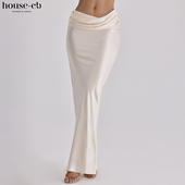 House CB华丽丝滑复古奶油色缎面垂坠超长半身裙Beau