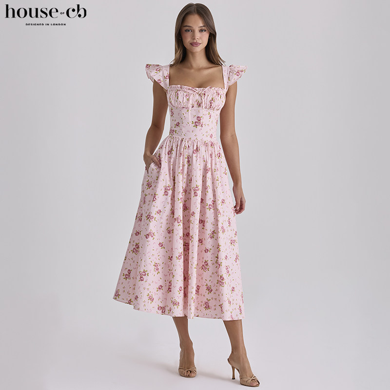 House of CB甜美粉色复古玫瑰印花棉质中长太阳裙Livia