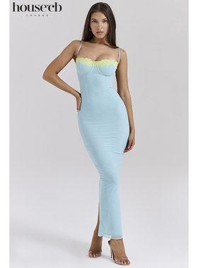 House of CB 优雅束腰粉蓝色蕾丝超长连衣裙Aiza