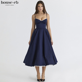 House CB优雅高贵藏青色缎面薄纱中长连衣裙Mademoiselle