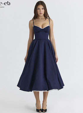 House of CB优雅高贵藏青色缎面薄纱中长连衣裙Mademoiselle