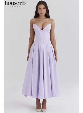 House of CB 北欧风束腰兰花紫抹胸中长连衣裙Lady