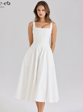 House of CB简洁大方白色弹力棉中长太阳裙Mariabella