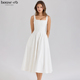 House CB简洁大方白色弹力棉中长太阳裙Mariabella