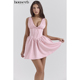 House 可爱风V领束腰粉色缎面迷你连衣裙Emmeliette