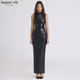 House CB性感精致黑色素皮褶裥超长连衣裙Maya