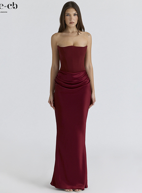 House of CB经典精致酒红色抹胸束腰超长连衣裙Persephone