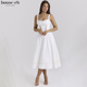 House CB清新休闲白色棉质中长太阳裙Kim