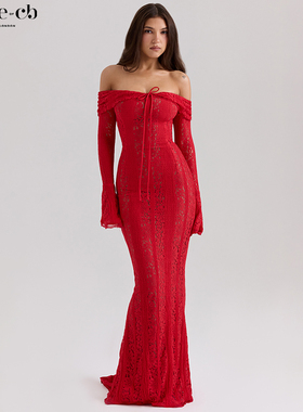 House of CB优雅大方红色一字领花卉蕾丝礼服Belle