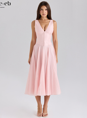 House of CB轻盈优雅粉色雪纺排扣中长连衣裙Samira