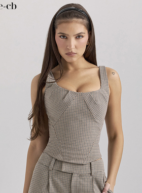 House of CB 百搭修身棕色小格子带紧身胸衣Selma