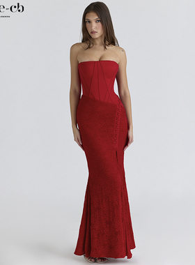 House of CB奢华高贵红色缎面蕾丝抹胸超长连衣裙Valerie