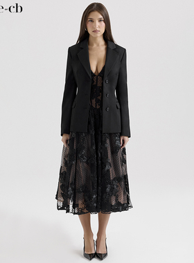 House of CB 干练利落修身黑色长款西装外套Aviva