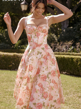 House of CB超好看休闲粉色印花连衣裙2024新款吊带长裙女Rosalee