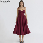House CB优雅高贵酒红色缎面薄纱中长连衣裙Mademoiselle