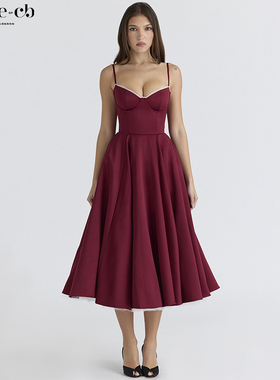 House of CB优雅高贵酒红色缎面薄纱中长连衣裙Mademoiselle